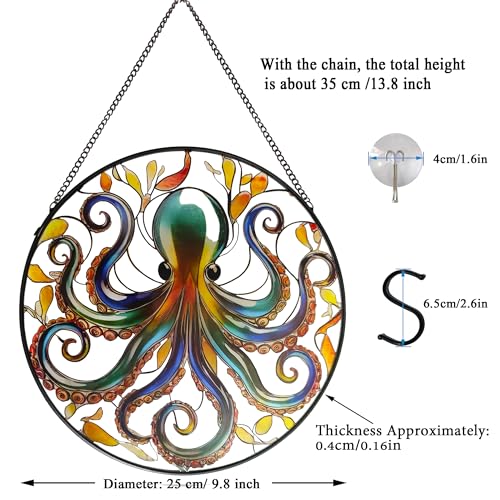 Octopus Stained Glass Window Hanging, 9.8’’ Sun Catcher Glass Panel Ocean Theme Wall Art Decor with Chain, Birthday Gift for Sons, Daughters, Grandson - color: Octopus
