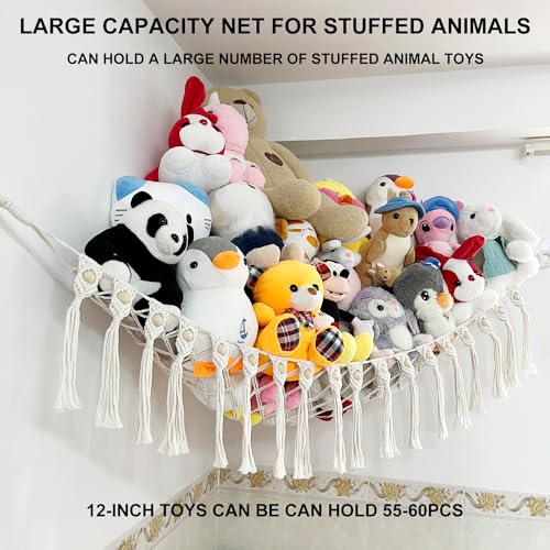 Large Stuffed Animal Net or Hammock, Boho Macrame Toy Hammock with LED Lights, Decorate Room Space Saving Pet Net for Stuffed Animals, Suitable for Nursery, Playroom, Kids Bedroom - style: A