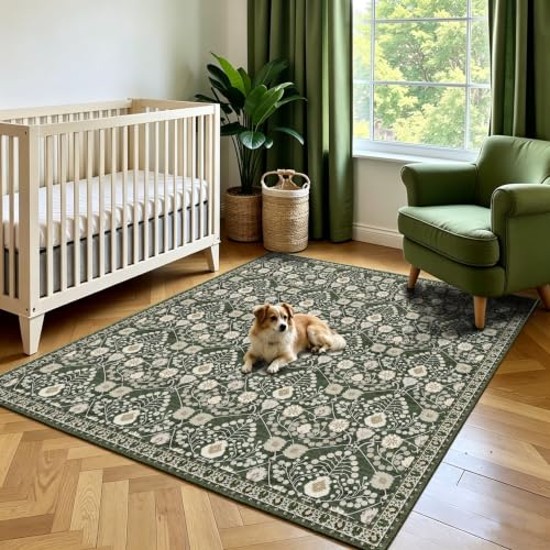 5x5 Floral Area Rug Washable: Non-Slip Low Pile Square Living Room Rug,Water Resistant Non-Shedding,Pet Friendly Soft,for Kitchen Bedroom Entryway Dining Room Indoor Decor 5ft - color: Green, size: 5' x 5' (Square)