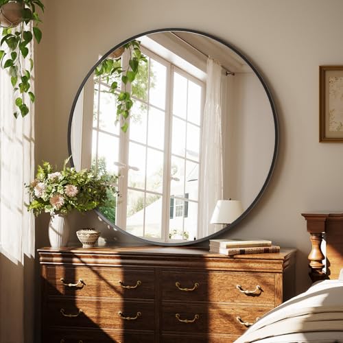XRAMFY 42 Inch Round Black Metal Wall Mirror - Stylish Circle Mirror for Entryway, Bathroom, and Living Room Decor | Matte Black Circle Wall Mirror - color: Round-black, size: 42"L x 42"W