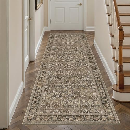 HUGEAR 3x8 Runner Rug Machine Washable Brown Hallway Area Rug Indoor Accent Rugs Floral Low Pile Carpet Soft Throw Rugs Bedroom Living Room Office Dining Kitchen Laundry Non Slip - color: Floral | Brown, size: 3' x 8' (Runner)
