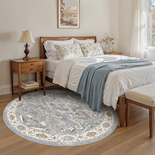 6ft Round Rug Living Room Area Rug - 6x6 Washable Circle Rugs Vintage Large Soft Non Slip Traditional Farmhouse Carpet for Bedroom Dining Room Office Indoor Floor Accent - Blue - color: Blue, size: 6' x 6'