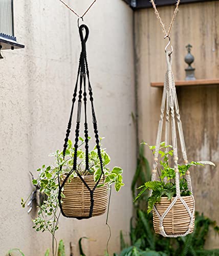 Macrame Plant Hanger Indoor Hanging with Wood Beads Macrame Planters No Tassel for Indoor Outdoor Boho Home Decor 35 Inch (Black,2pcs) - color: Black