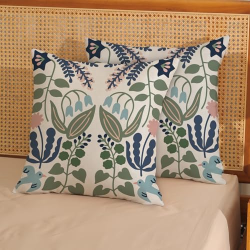 Navy Blue Boho Pillow Covers 16x16 Inch 2 Pcs Sage Green Floral Decor Throw Pillows Vintage Flower Seasonal Spring Summer Outdoor Decoration Pillowcase Linen Cushion Cover for Couch Sofa - color: Blue Green Boho Floral, size: 16" x 16" (Pack of 2)
