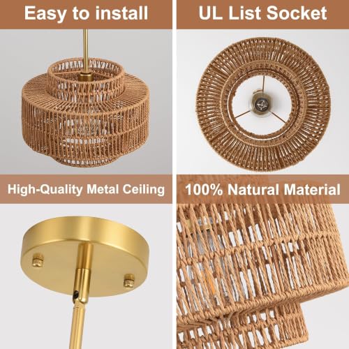 12.4" Rattan Pendant Light,1-Light Boho Chandelier Light Fixture Farmhouse Rattan Hanging Ceiling Lighting Fixture for Dining Room, Living Room, Kitchen Island, Bedroom, Hallway, Foyer - size: 12.4″ Brown