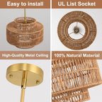 12.4" Rattan Pendant Light,1-Light Boho Chandelier Light Fixture Farmhouse Rattan Hanging Ceiling Lighting Fixture for Dining Room, Living Room, Kitchen Island, Bedroom, Hallway, Foyer - size: 12.4″ Brown