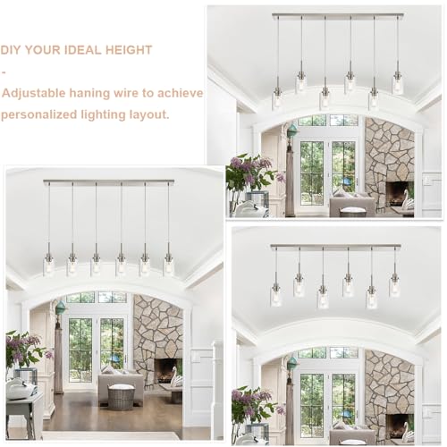 6-Lights Pendant Lighting for Kitchen Island in Brushed Nickel, Ceiling Light Fixtures with Adjustable Hanging Wire & Clear Glass Shades - color: Brushed Nickel, size: 6-Light