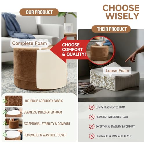 Tiita Pouf Ottoman and Foot Rest, Round Foam Stuffed Floor Pouf with Storag for Living Room, Brown - color: Round Brown