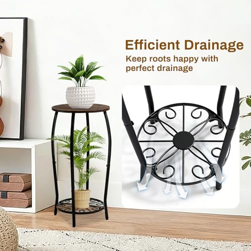 Plant Stand Indoor Outdoor, 2-Tier Tall Wood & Iron Plant Stand, 4-Leg Corner Flower Stand, Heavy Duty Floor Plant Shelf Plant Rack for Patio Living Room Balcony Home Decor