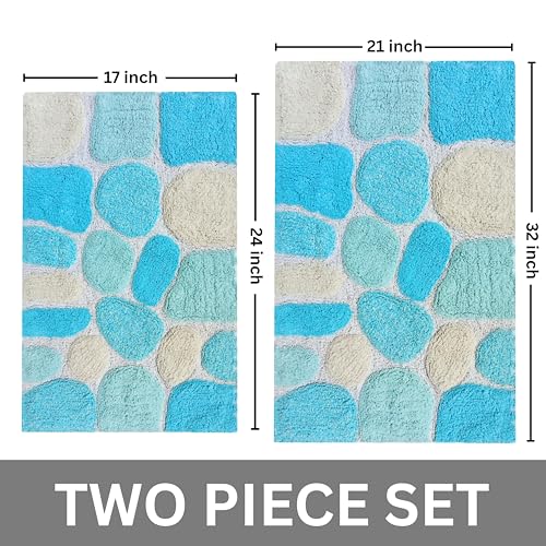 Ramanta Home Pebble Stone Pure Cotton Bathroom Mat Set of 2 - Turquoise, Super Soft Anti Skid Absorbent Bath Rug for Bathroom, Kitchen, Machine Washable Bathrugs - 21x32 & 17x24 Inch - color: Turquoise, size: 21" x 32" & 17" x 24" (Set of 2)