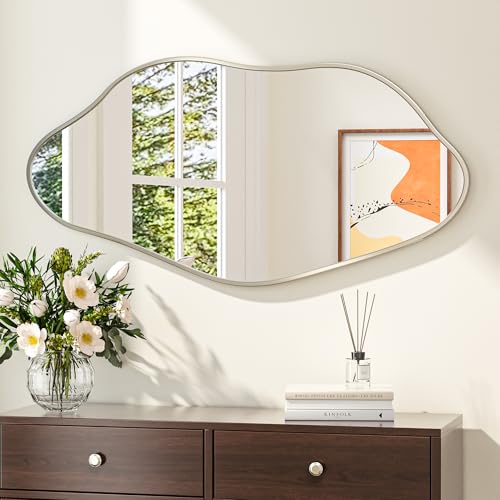 Keonjinn Nickel Irregular Mirrors for Wall 48" x 24" Inch, Asymmetrical Metal Frame, Tempered Glass Decorative Mirror for Bathroom, Bedroom, Living Room, Entryway(Horizontal/Vertical) - color: Nickel, size: 24"L x 48"W
