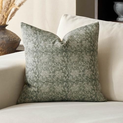 DOMVITUS Floral Pillow Covers 18x18 Throw Pillow Covers Block Print Vintage Decorative Neutral Pillow Cover for Couch Bed Living Room Dusty Green 1PC - color: Dusty Green, size: 18" x 18" (Pack of 1)