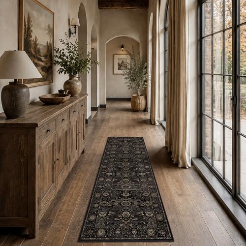 2x6 Washable Runner Rugs for Hallway Kitchen Low Pile Non-Slip Vintage Distressed Runners Rug for Entryway Accent Throw Carpet for Hallway Bathroom Bedroom Black Gold - color: Black Gold, size: 2'*6'(Runner)