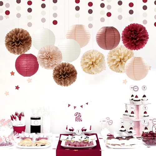Burgundy-Brown Champagne Party-Decorations Paper-Flowers Lanterns - 15PCS Fall Boho Tissue Pom Poms Streamers,Autumn Rustic Baby Shower Neutral Wedding Birthday Decor Hugfond - color: Brown Champagne