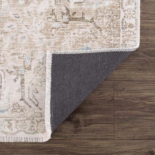 Hauteloom Caylin Bohemian Vintage Medallion Area Rug - Farmhouse Oriental Carpet for Living Room, Bedroom - Machine Washable- Cream, Dark Brown, Peach - 6'7" x 9' - color: Cream, Dark Brown, Peach / Caylin, size: 6'7" x 9' (Rectangular)