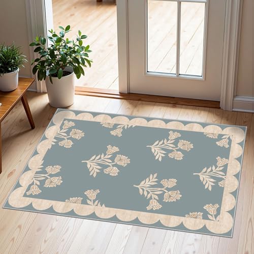 Front Door Mat Outside Entrance - 2x3 Floral Non-Slip Washable Doormat Indoor Outdoor Mat Blue Retro Farmhouse Scalloped Entry Rug Small Throw Rugs for Entryway Kitchen Front Porch Decor - color: Flower - Haze Blue, size: 2' x 3' (Rectangular)