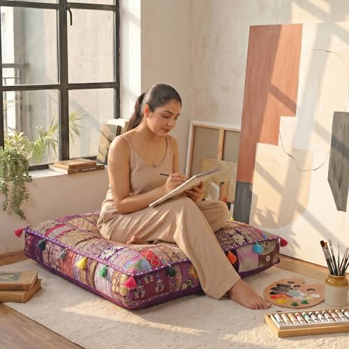 THE ART BOX Cotton Patchwork Vintage Boho Embroidered Floor Pillows & Cushion Cover Dog Pouf Seating Pouf Meditation Pillow Pet Bedding Cat Bed Boho Home Décor (35x35 Inches, Cover Only) - color: Purple