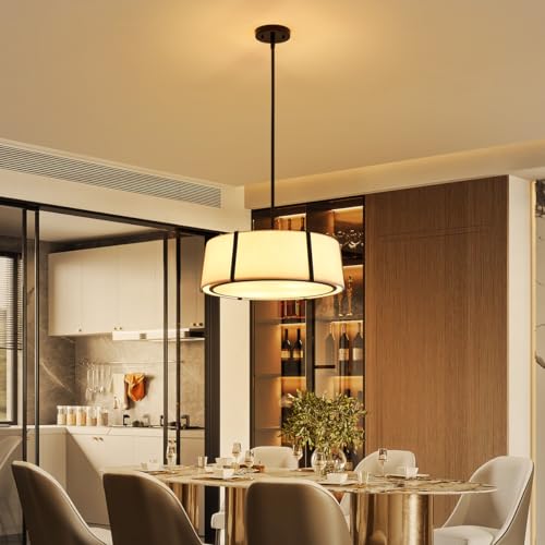 Shrine Lighting Drum Pendant Light, Modern Style, Drum Chandeliers for Dining Room, D18'' x H6'', Adjustable Chains 39'', E12*4 Sockets, White Lampshade & Black Finish - color: Black D18''