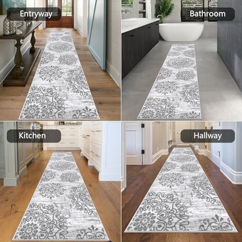 HEBE Hallway Runner Rug 2'8''x12' Washable Vintage Distressed Area Rugs Non Slip Laundry Rug Runner Boho Floor Carpet Runners for Hallways Entryway Laundry Room Kitchen Bathroom - color: Grey, size: 2'8" x 12' (Rectangular)