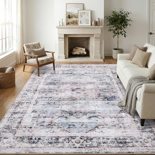Area Rugs 9x12 for Living Room - Machine Washable Soft Large Rugs for Bedroom - Vintage Stain Resistant Non Slip Low Pile Carpet for Dinning Room Farmhouse Kis Room Home Office - color: Light Blue/Light Ivory/Beige, size: 9' x 12' (Rectangular)