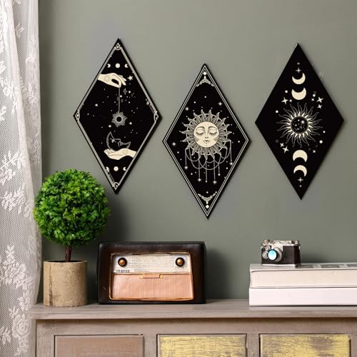 Sintuff 6 Pieces Gothic Wall Decor Boho Sun Moon Phases Wall Art Gothic Minimalist Stars Sun Hanging Wooden Home Decor Farmhouse Pediments for Gallery Living Bedroom Room(Boho) - style: Bohemian