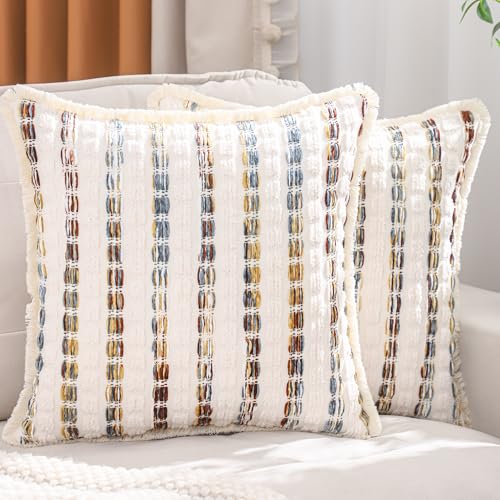 LUOYEHK Chenille Striped Throw Pillow Covers 18x18 Inch Set of 2 Boho Decorative Pillowcases with Fringe Farmhouse Neutral Cushion Covers for Couch Sofa Bed Living Room, Blue Brown - color: Blue Brown, size: 18" x 18" (Pack of 2)