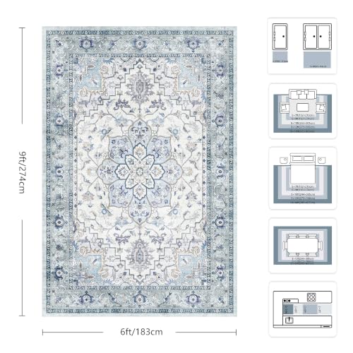 6x9 Area Rugs - Washable Rug Vintage Distress Boho Medallion Rugs for Living Room, Soft Non-Slip Backing Low Pile Carpet for Bedroom Dining Room Office Nursery Dorm Home, Blue Grey Purple - color: C- Blue/Grey/Purple, size: 6' x 9' (Rectangular)
