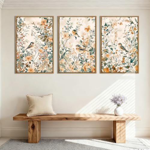 ANHUIB Large Vintage Floral Bird Framed Wall Art 16x24 Inch Beige Botanical Pictures Wall Decor Nature Wildflower Canvas Painting Set of 3 Retro Neutral Flower Artwork for Living Room Bedroom Barhroom - color: Floral Bird, size: 24"L x 16"W