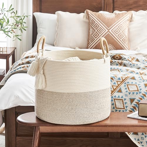 KAKAMAY Large Blanket Basket (18"x18"x16"), Woven Baby Laundry Hamper for Storage, Cotton Rope Basket for Nursery, Laundry, Living Room, Pillows, Baby Toy Chest with Handles (Black Stripes) - color: Brown and White