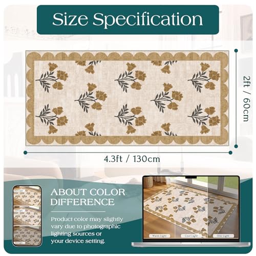 Front Door Mat Indoor Entrance - 2x4.3 Ft Floral Washable Layered Doormat Outdoor Entrance Spring Porch Rug Non-Slip Beige Boho Runner Rug for Kitchen Hallway Bedroom Laundry Room Porch Decor - color: Flower - Beige, size: 2' x 4'3" (Rectangular)