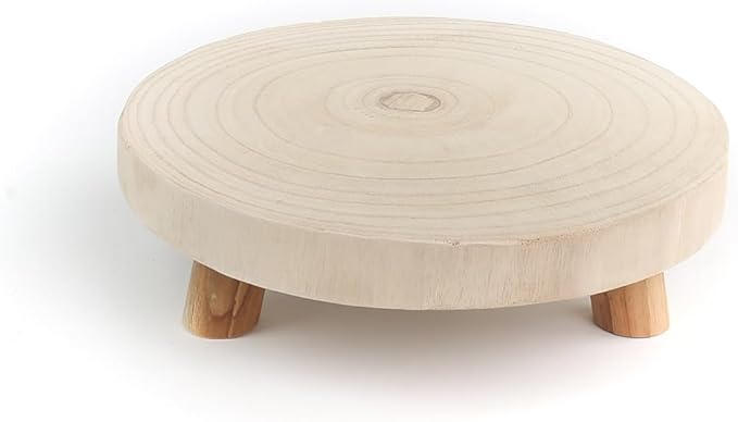 CYS EXCEL 2 Pcs Wooden Plant Stands Modern Raised Display Risers for Indoor Planters Round Natural Wood Slice Pedestals with Short Legs for Tabletop Decor Rustic Boho Home Accent, 11 Inch Diameter