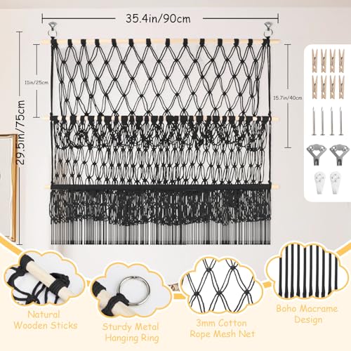 2 Tier Stuffed Animal Storage Shelf Net, 35x30'' Large Plushie Net w/ 2.4/1'' Dense Mesh for Mini Medium Stuffy Teddy, Black Boho Macrame Toy Holder Display w/ Lights&Clips for Nursery Kid Girl Boy - color: Black, size: Large-2 Tier-35x30 Inch
