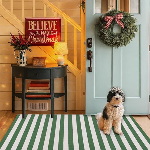 Christmas Green & White Striped Rug - 28 x 43 Inches Outdoor Front Door Decor Mat Cotton Washable Hand-Woven Rug Christmas New Year Holiday Porch Entryway Layered Doormat - color: Green & White Striped, size: 2'4" x 3'7" (Rectangular)