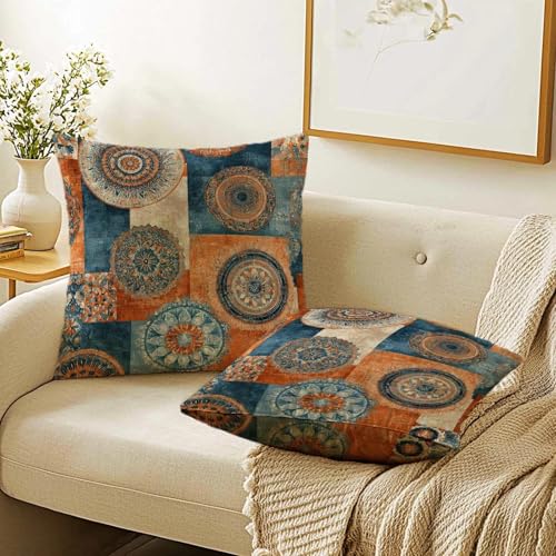 Firmiso Boho Patchwork Print Throw Pillow Covers 18x18 Set of 2 | Decorative Cushion Covers for Sofa Couch Bed | Eclectic Modern Home Decor Pillow Cases | Blue Orange Geometric Accent - color: Boho Patchwork