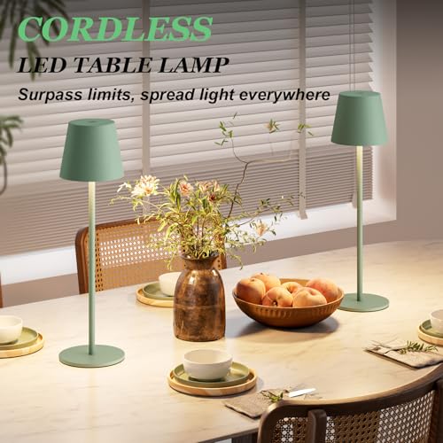 Kakanuo Cordless Table Lamp Rechargeable Green - KK 2 Pack 5000mAH Battery Operated Lamp for Dining Table, 3 Color Stepless Dimming Wireless Lamp for Counter, Outdoor Patio, Touch Control - color: Green, size: 2 Pack 14in - Down Light