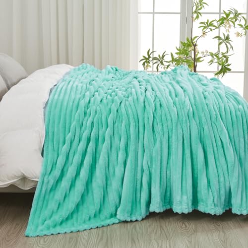 NEWCOSPLAY Super Soft Queen Blanket Aqua Premium Silky Flannel Fleece 3D Ribbed Jacquard Lightweight Bed Blanket All Season Use (Aqua Ribbed, Queen(90"x90")) - color: Aqua Ribbed, size: Queen(90"x90")