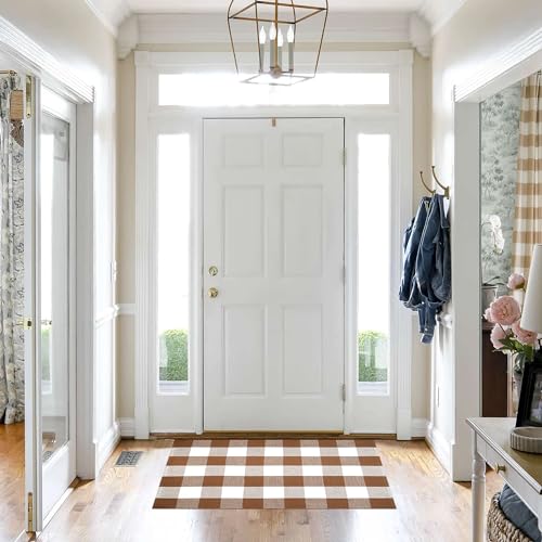 Homydecor Buffalo Plaid Outdoor Rugs, 28'' x 43'' Coffe and White Checkered Area Rug, Layering Rug for Hello/Welcome Door Mat, Washable Cotton Woven Farmhouse Mat for Front Porch Décor - color: Coffee & White Plaid, size: 2'4" x 3'7" (Rectangular)