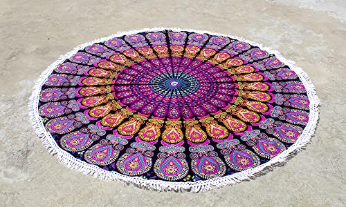 Mandala Round Beach Tapestry Hippie Mandala/Boho Decor Beach Blanket/Indian Cotton Throw Bohemian Round Table Cloth Mandala/Yoga Mat Meditation Picnic Rugs (42 Inches, Pink And Yellow) - color: Pink And Yellow, size: 42"L x 42"W