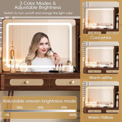 47" Rattan Vanity Table with Mirror and Lights, Brown Makeup Vanity with Storage & 5 Drawers, Boho Vanitys Desk with Shelves for Bedroom, 3 Lighting Modes, Adjustable Brightness (Dark Walnut) - color: Dark Walnut