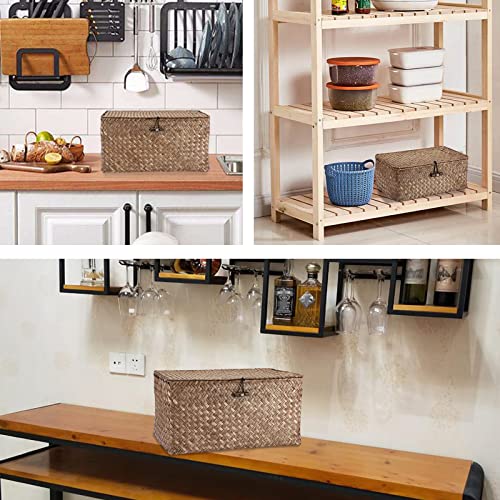 Hipiwe Wicker Shelf Baskets Bin with Lid, Handwoven Seagrass Basket Storage Bins Rectangular Household Basket Boxes for Shelf Wardrobe Home Organizer, Coffee Large - color: Coffee, size: Large