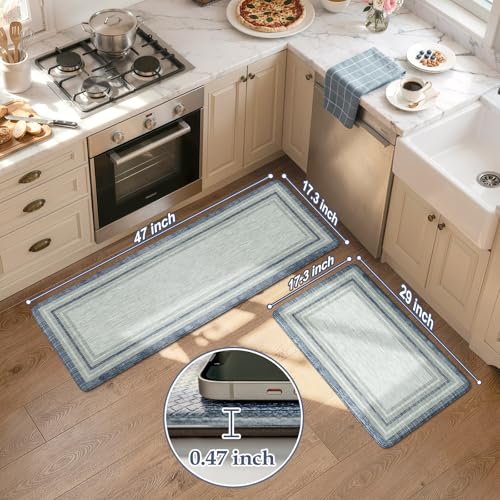 KIMODE Anti Fatigue Kitchen Mat 2PCS Non-Skid Waterproof Kitchen Rugs Farmhouse Kitchen Mat for Floor Laundry Room Rug,Cushioned Comfort Foam Standing Mat for Office Sink Desk Blue and Gray Home Decor - color: Blue, size: 17.3" x 47 "+ 17.3" x 29 "--0.47