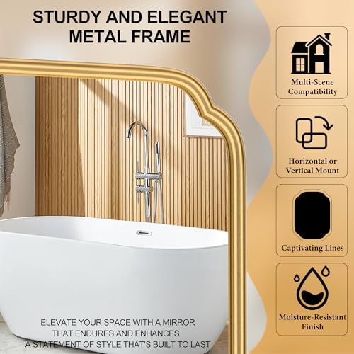 Ferytange 28"x36" Gold Bathroom Mirror with Rustproof Metal Frame, Modern Rounded Corner Wall Mirror for Vanity Over Sink, Horizontal/Vertical Hanging - color: Gold, size: 36"L x 28"W