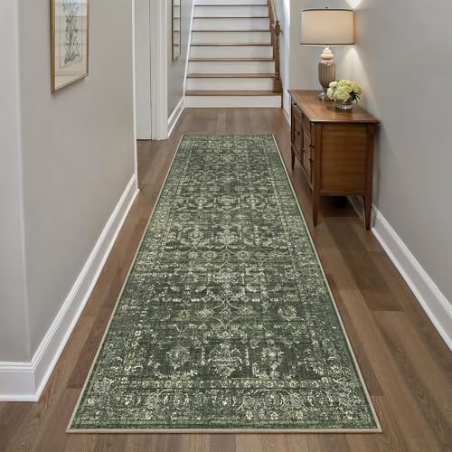 3x8 Green Runner Rug Hallway Washable Area Rugs Kitchen Vintage Boho Non Slip Long Rug Floral Carpet Indoor Retro Soft Low Pile Throw Rug for Bedroom Bathroom Laundry Dining Living Room Office - color: Dark Green, size: 3' x 8' (Runner)