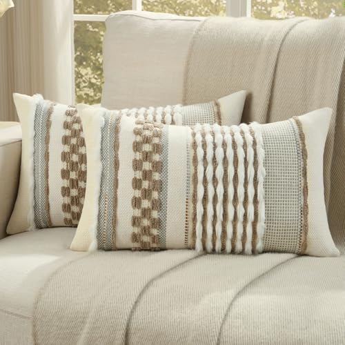 FUTEI Pack of 2 Boho Chenille Decorative Throw Pillow Covers 12x20 Inch Soft Plush Tufted Striped Textured Pillow Case,Farmhouse Accent for Couch Bed Living Room, Coffee - color: Coffee, size: 20" x 12" (Pack of 2)