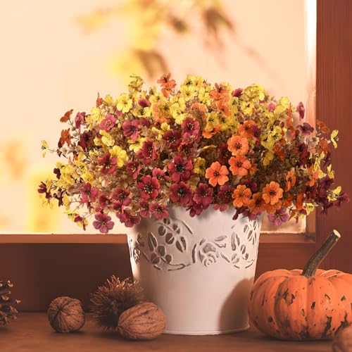 Artificial Fake Hanging Baskets Fall Flowers for Outdoors Decoration, Faux Silk Mums Plants UV Resistant Look Real Outside Yard Patio Front Porch Garden Balcony Home Autumn Decor (Orange Yellow Brown) - color: Orange Yellow Brown