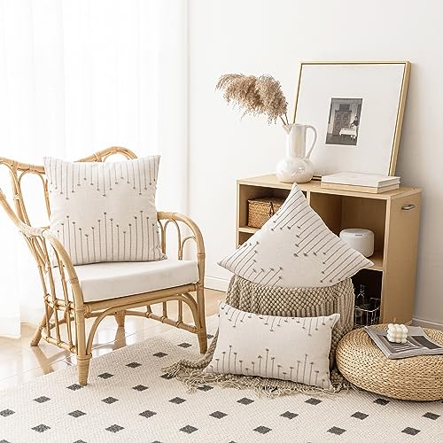 LILEPOY Boho Throw Pillow Covers 20x20 Set of 2 Neutral Decorative Textured Cushion Case Farmhouse Pillowcase Modern Square Pillow Covers for Sofa,Couch, Living Room,Beige and Khaki - color: Beige and Khaki, size: 20" x 20" (Pack of 2)