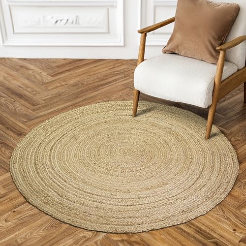 Hausattire Hand Woven Jute Braided Rug, 3’ Round – Natural, Reversible Boho Entry Area Rugs for Kitchen, Living Room I Farmhouse Decorative Floor Rug, 3 Feet Round - color: Natural, size: 3' (Round)