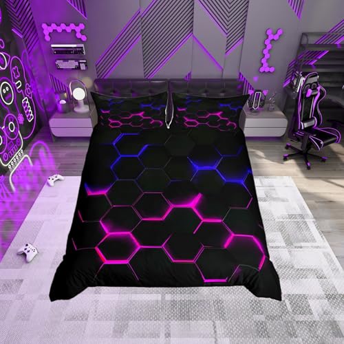 Castle Fairy 3D Honeycomb Duvet Cover Set Full Size for Kids Hexagon Bedding Sets with 2 Pillowcase,Pink Blue Neon Lights Print Comforter Cover Teen Boys Girls Bedroom Decor Bed Cover 3 Piece, Black - color: Multi 01, size: Full 80"x90"