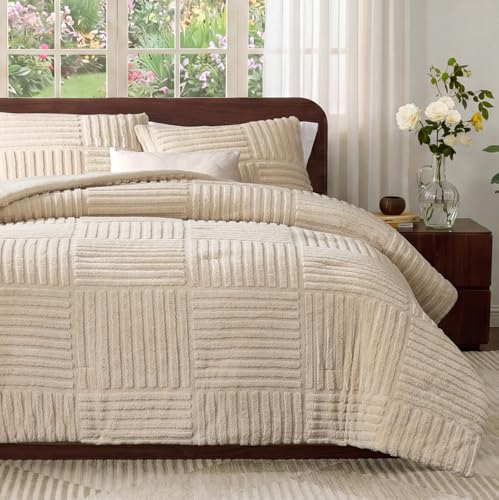 Amélie Home King Size Comforter Set with Stripe Jacquard Design, Khaki Fluffy King Bedding Set, Super Soft Plush Bedding Set,3 Pieces, 1 Soft Comforter and 2 Pillowcases - color: Stripe Patchwork Khaki, size: King (106"x90")