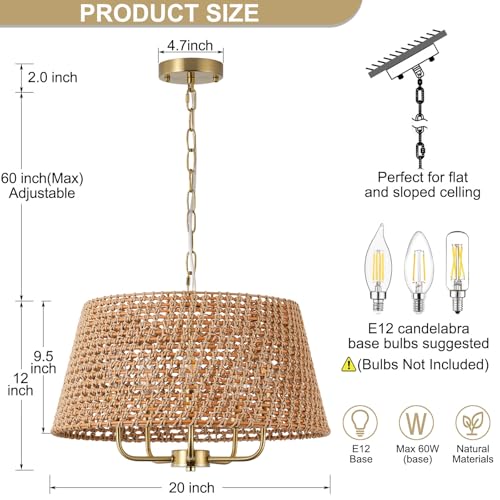 20" Large Rattan Chandeliers for Dining Room, 5-Light Farmhouse Wicker Boho Chandelier with T-Shape Shade Rattan Ceiling Pendant Light Fixture for Bedroom Hallway Kitchen Island(Gold) - color: Gold 5-Light 20" T-Shape